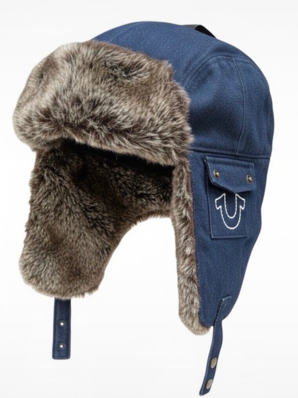 True Religion Denim Fur Trapper Hat | Ear Flap Aviator Hat | Navy Blue